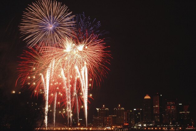 FILE-In this Saturday, April 23, 2005 file photo, fireworks light the sky for the 50th Kentucky Derby Festival Thunder Over Louisville, in Louisville, Ky. From the time the Kentucky Derby Festival starts in mid-April, the party doesn't stop _ not until the horses run for the roses on the first Saturday in May. The Kentucky Derby lasts only two minutes, but the legendary race at Churchill Downs has spawned an extended celebration with more than 70 events drawing more than a million people to the Louisville area. (AP Photo/Brian Bohannon, File)