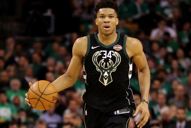 BOSTON, MA - APRIL 24: Giannis Antetokounmpo #34 of the Milwaukee Bucks dribbles against the Boston Celtics in Game Five in Round One of the 2018 NBA Playoffs at TD Garden on April 24, 2018 in Boston, Massachusetts. (Photo by Maddie Meyer/Getty Images)