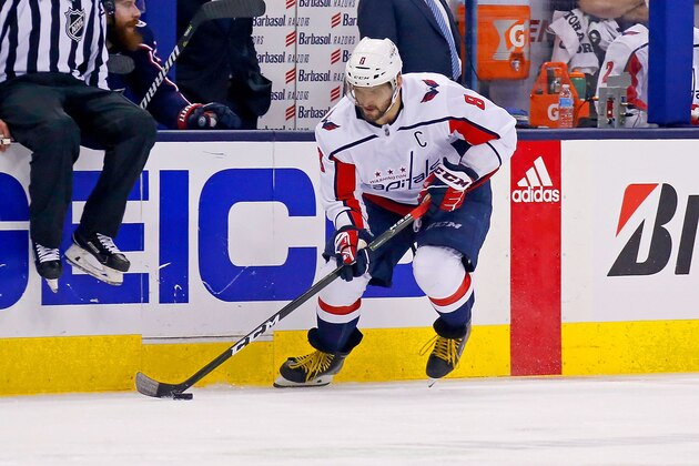 COLUMBUS, OH - APRIL 23:  Alex Ovechkin #8 of the Washington Capitals controls the puck in Game Six of the Eastern Conference First Round during the 2018 NHL Stanley Cup Playoffs against the Columbus Blue Jackets on April 23, 2018 at Nationwide Arena in Columbus, Ohio. (Photo by Kirk Irwin/Getty Images) *** Local Caption *** Alex Ovechkin