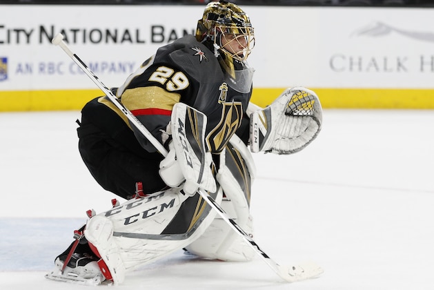 Vegas Golden Knights goaltender Marc-Andre Fleury (29) plays against the Arizona Coyotes during an NHL hockey game, Wednesday, March 28, 2018, in Las Vegas. (AP Photo/John Locher)