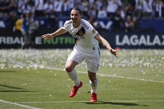 Los Angeles Galaxy's Zlatan Ibrahimovic, of Sweden, celebrates his goal during the second half of an MLS soccer match against the Los Angeles FC Saturday, March 31, 2018, in Carson, Calif. The Galaxy won 4-3. (AP Photo/Jae C. Hong)