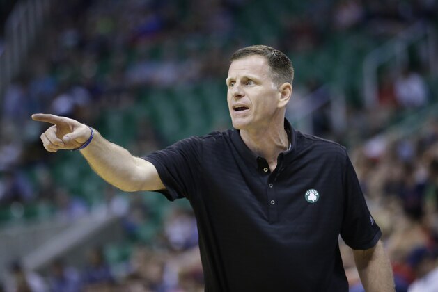 Boston Celtics summer league head coach Jay Larranaga directs his team during the first half of an NBA summer league basketball game against the Philadelphia 76ers Tuesday, July 7, 2015, in Salt Lake City. (AP Photo/Rick Bowmer)