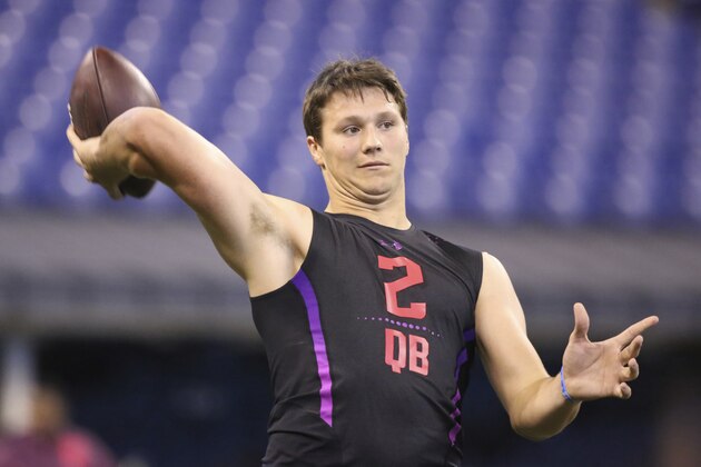 Wyoming quarterback Josh Allen warms up at the 2018 NFL Scouting Combine on Saturday, March 3, 2018, in Indianapolis. (AP Photo/Gregory Payan)