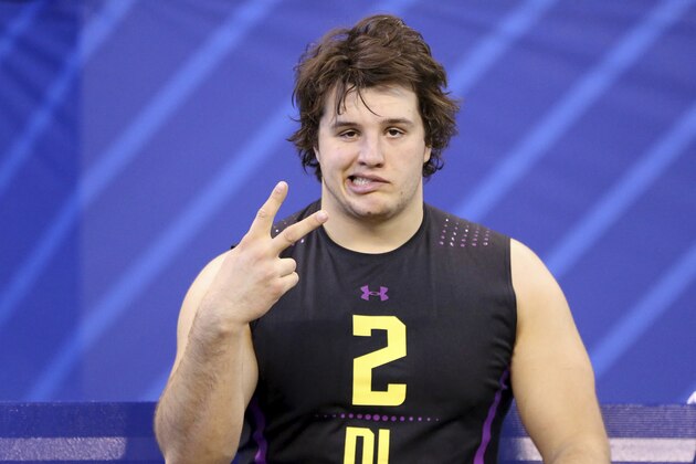 Florida defensive lineman Taven Bryan is seen at the 2018 NFL Scouting Combine on Sunday, March 4, 2018, in Indianapolis. (AP Photo/Gregory Payan)