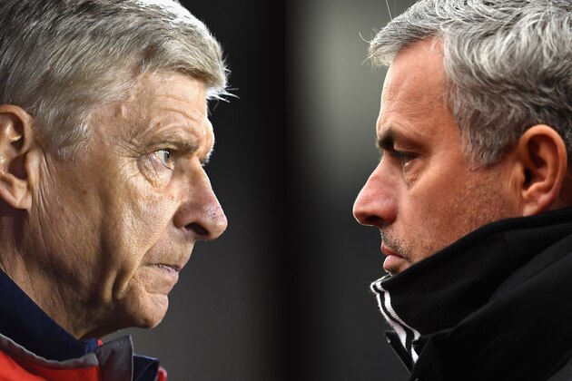 FILE PHOTO (EDITORS NOTE: COMPOSITE OF TWO IMAGES - Image numbers (L) 609115656 and 632284824) In this composite image a comparision has been made between Arsene Wenger, Manager of Arsenal (L) and  Jose Mourinho, Manager of Manchester United.  Arsenal and Manchester United meet in a Premier League match at the Emirates Stadium on December 2, 2017 in London,England.   ***LEFT IMAGE*** NOTTINGHAM, ENGLAND - SEPTEMBER 20: Arsene Wenger, Manager of Arsenal looks on during the EFL Cup Third Round match between Nottingham Forest and Arsenal at City Ground on September 20, 2016 in Nottingham, England. (Photo by Laurence Griffiths/Getty Images) ***RIGHT IMAGE*** STOKE ON TRENT, ENGLAND - JANUARY 21: Jose Mourinho, Manager of Manchester United looks on during the Premier League match between Stoke City and Manchester United at Bet365 Stadium on January 21, 2017 in Stoke on Trent, England. (Photo by Laurence Griffiths/Getty Images)