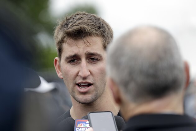 NFL Draft prospect UCLA quarterback Josh Rosen talks with members of the media after a Play Football Clinic Wednesday, April 25, 2018, in Arlington, Texas. The 2018 NFL Draft begins Thursday, April 26, 2018, at AT&T Stadium. (AP Photo/David J. Phillip)