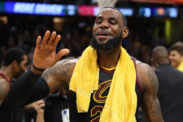 CLEVELAND, OH - APRIL 25:  LeBron James #23 of the Cleveland Cavaliers looks on after a 98-95 win over the Indiana Pacers in Game Five of the Eastern Conference Quarterfinals during the 2018 NBA Playoffs at Quicken Loans Arena on April 25, 2018 in Cleveland, Ohio. NOTE TO USER: User expressly acknowledges and agrees that, by downloading and or using this photograph, User is consenting to the terms and conditions of the Getty Images License Agreement. (Photo by Gregory Shamus/Getty Images)