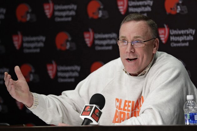 Cleveland Browns general manager John Dorsey answers questions about the draft during a news conference at the NFL football team's training camp facility, Thursday, April 19, 2018, in Berea, Ohio. (AP Photo/Tony Dejak)