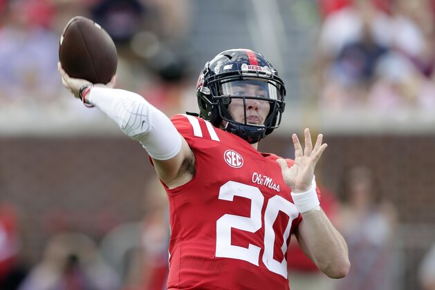 Mississippi quarterback Shea Patterson (20) passes against Vanderbilt in the first half of an NCAA college football game in Oxford, Miss., Saturday, Oct. 14, 2017. (AP Photo/Rogelio V. Solis)