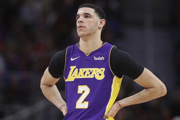 Los Angeles Lakers guard Lonzo Ball on the court during the second half of an NBA basketball game against the Detroit Pistons, Monday, March 26, 2018, in Detroit. (AP Photo/Carlos Osorio)