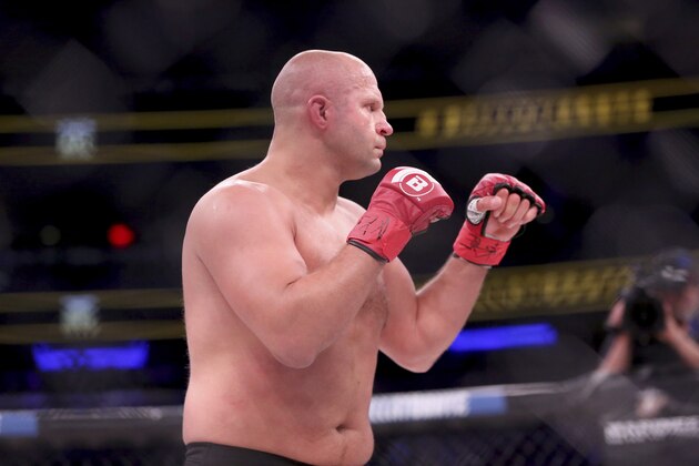 Fedor Emelianenko in action against Matt Mitrione during a mixed martial arts bout at Bellator 180 on Saturday, June 24, 2017, in New York. Mitrione won via first round stoppage. (AP Photo/Gregory Payan)