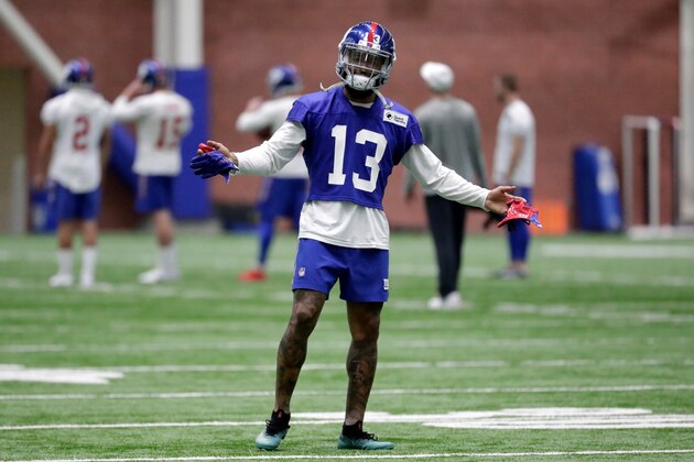 New York Giants wide receiver Odell Beckham reacts after a drill during NFL football training camp, Wednesday, April 25, 2018, in East Rutherford, N.J. (AP Photo/Julio Cortez)