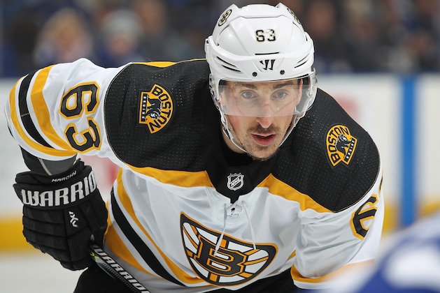 TORONTO, ON - APRIL 19:  Brad Marchand #63 of the Boston Bruins waits for a puck drop against the Toronto Maple Leafs in Game Four of the Eastern Conference First Round in the 2018 Stanley Cup play-offs at the Air Canada Centre on April 19, 2018 in Toronto, Ontario, Canada. The Bruins defeated the Maple Leafs 3-1. (Photo by Claus Andersen/Getty Images) *** Local Caption *** Brad Marchand