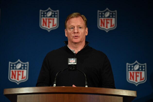 ORLANDO, FL - MARCH 28: NFL Commissioner Roger Goodell answers questions during the closing press conference at the 2018 NFL Annual Meetings at The Ritz-Carlton Orlando, Great Lakes on March 28, 2018 in Orlando, Florida. (Photo by B51/Mark Brown/Getty Images)