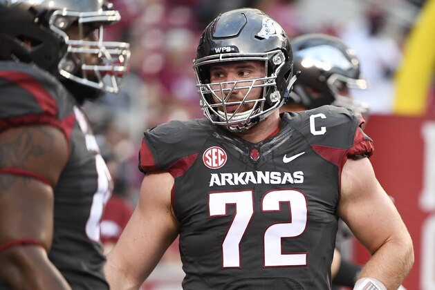 Arkansas lineman Frank Ragnow (72) warms up as he prepares to play Auburn during an NCAA college football game in Fayetteville, Ark., Saturday, Oct. 21, 2017. (AP Photo/Michael Woods)