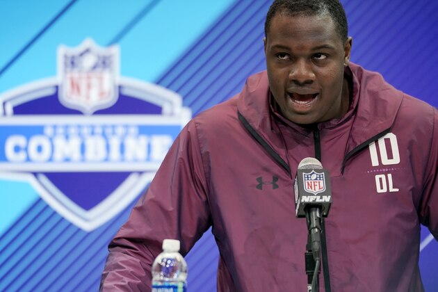 INDIANAPOLIS, IN - MARCH 01: Iowa offensive lineman James Daniels speaks to the media during NFL Combine press conferences at the Indiana Convention Center on March 1, 2018 in Indianapolis, Indiana. (Photo by Joe Robbins/Getty Images)
