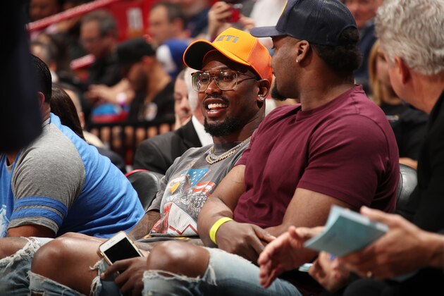 MIAMI, FL - MARCH 8:  Von Miller of the Denver Broncos attends the game between the Philadelphia 76ers and the Miami Heat on March 8, 2018 at American Airlines Arena in Miami, Florida. NOTE TO USER: User expressly acknowledges and agrees that, by downloading and or using this Photograph, user is consenting to the terms and conditions of the Getty Images License Agreement. Mandatory Copyright Notice: Copyright 2018 NBAE (Photo by Issac Baldizon/NBAE via Getty Images)