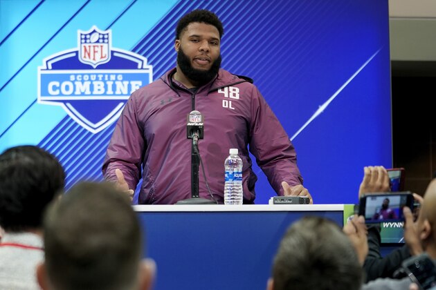 INDIANAPOLIS, IN - MARCH 01: Georgia offensive lineman Isaiah Wynn speaks to the media during NFL Combine press conferences at the Indiana Convention Center on March 1, 2018 in Indianapolis, Indiana. (Photo by Joe Robbins/Getty Images)