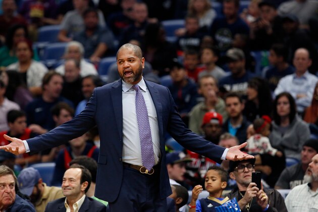 Memphis Grizzlies head coach J.B. Bickerstaff gestures in the second half of an NBA basketball game against the New Orleans Pelicans in New Orleans, Wednesday, April 4, 2018. The Pelicans won 123-95. (AP Photo/Scott Threlkeld)