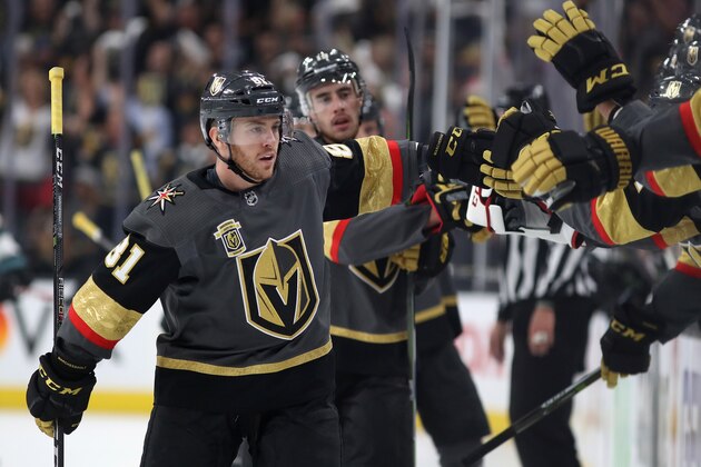 GLENDALE, NV - APRIL 26:  Jonathan Marchessault #81 of the Vegas Golden Knights celebrates with teammates on the bench after scoring a goal against the San Jose Sharks in the first period Game One of the Western Conference Second Round during the 2018 NHL Stanley Cup Playoffs at T-Mobile Arena on April 26, 2018 in Las Vegas, Nevada.  (Photo by Christian Petersen/Getty Images)