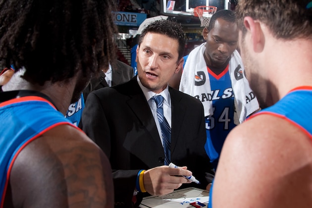 BOISE, ID - NOVEMBER 25: Head coach Nate Tibbetts of the Tulsa 66ers talks strategy with his players during a time out against the Idaho Stampede on November 25, 2011 at CenturyLink Arena in Boise, Idaho. NOTE TO USER: User expressly acknowledges and agrees that, by downloading and/or using this Photograph, user is consenting to the terms and conditions of the Getty Images License Agreement. Mandatory Copyright Notice: Copyright 2011 NBAE (Photo by Otto Kitsinger/NBAE via Getty Images)