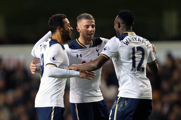 LONDON, ENGLAND - JANUARY 04: Mousa Dembele, Toby Alderweireld and Victor Wanyama of Tottenham Hotspur celebrate during the Premier League match between Tottenham Hotspur and Chelsea at White Hart Lane on January 4, 2017 in London, England. (Photo by Catherine Ivill - AMA/Getty Images) LONDON, ENGLAND - JANUARY 04: Mousa Dembele, Toby Alderweireld and Victor Wanyama of Tottenham Hotspur celebrate during the Premier League match between Tottenham Hotspur and Chelsea at White Hart Lane on January 4, 2017 in London, England. (Photo by Catherine Ivill - AMA/Getty Images)