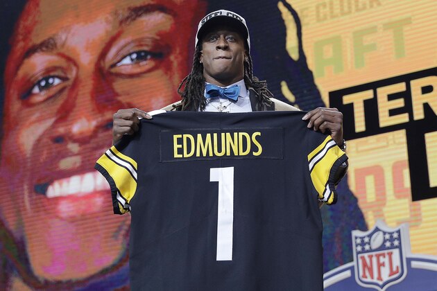 Virginia Tech's Terrell Edmunds poses with his Pittsburgh Steelers team jersey during the first round of the NFL football draft, Thursday, April 26, 2018, in Arlington, Texas. (AP Photo/David J. Phillip)