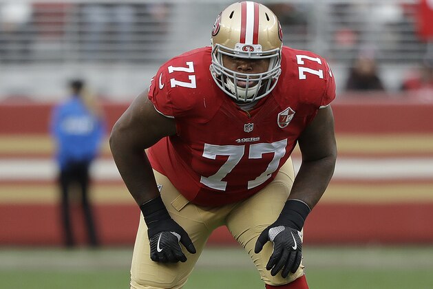 San Francisco 49ers offensive tackle Trent Brown (77) against the New York Jets during the first half of an NFL football game in Santa Clara, Calif., Sunday, Dec. 11, 2016. (AP Photo/Marcio Jose Sanchez)