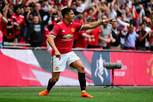 LONDON, ENGLAND - APRIL 21:  Alexis Sanchez of Manchester United celebrates after scoring his sides first goal during The Emirates FA Cup Semi Final match between Manchester United and Tottenham Hotspur at Wembley Stadium on April 21, 2018 in London, England.  (Photo by Chris Brunskill Ltd/Getty Images)