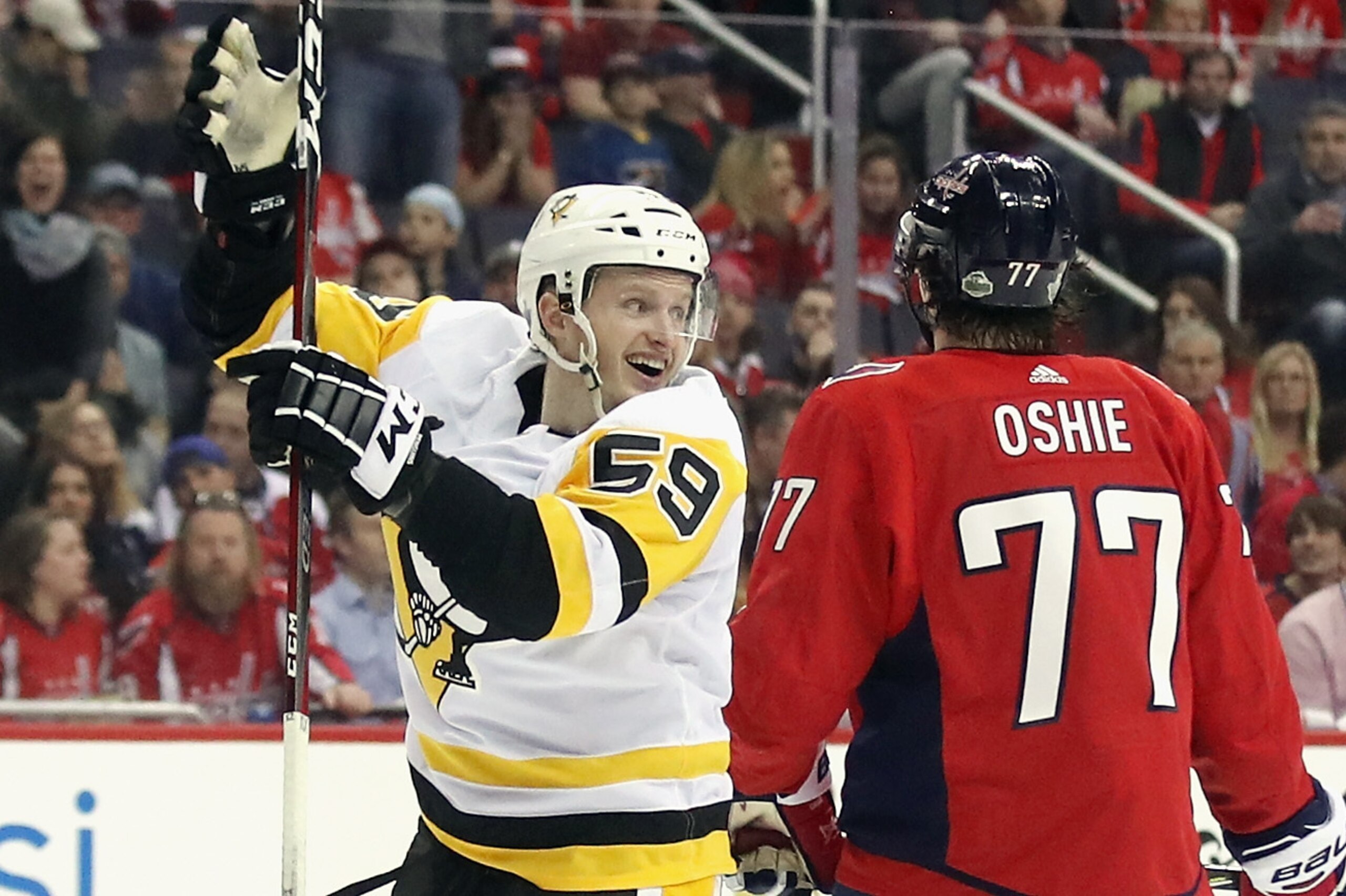 WASHINGTON, DC - APRIL 26:  Jake Guentzel #59 of the Pittsburgh Penguins celebrates his game winning goal at 7:48 of the third period against the Washington Capitals in Game One of the Eastern Conference Second Round during the 2018 NHL Stanley Cup Playoffs at the Capital One Arena on April 26, 2018 in Washington, DC. The Penguins defeated the Capitals 3-2.  (Photo by Bruce Bennett/Getty Images)
