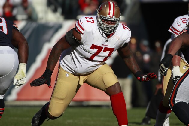 San Francisco 49ers offensive tackle Trent Brown (77) sets to block against the Chicago Bears during an NFL football game Sunday, Dec. 3, 2017, in Chicago. The 49ers won the game 15-14. (Jeff Haynes/AP Images for Panini)