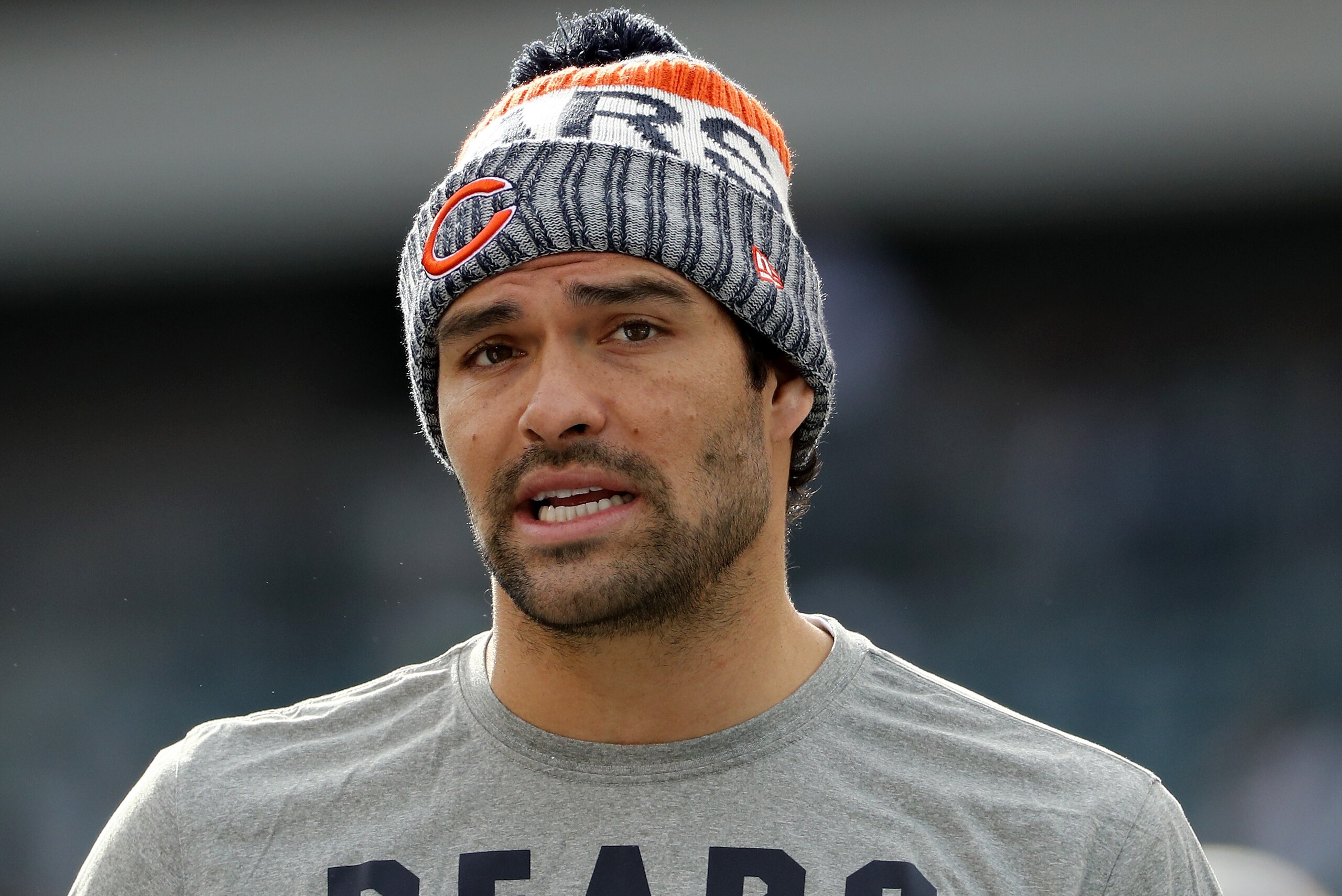 PHILADELPHIA, PA - NOVEMBER 26:  Mark Sanchez of the Chicago Bears looks on during warm ups before the game against the Philadelphia Eagles on November 26, 2017  at Lincoln Financial Field in Philadelphia, Pennsylvania.  (Photo by Elsa/Getty Images)