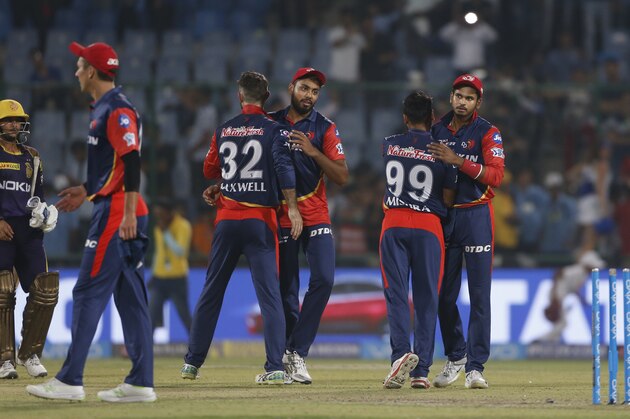 Delhi Daredevils celebrate their win over Kolkata Night Riders during VIVO IPL cricket T20 match in New Delhi, India, Friday, April 27, 2018. (AP Photo/Altaf Qadri)