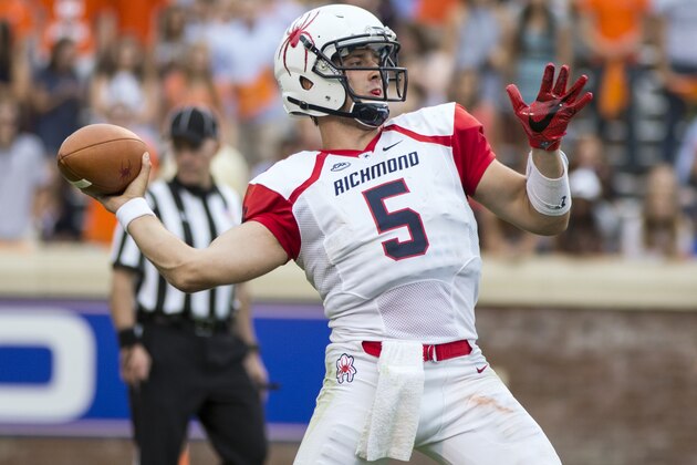 CHARLOTTESVILLE, VA - SEPTEMBER 03: Kyle Lauletta #5 of the Richmond Spiders passes the ball during a game at Scott Stadium on September 3, 2016 in Charlottesville, Virginia. Richmond beat Virginia 37-20. (Photo by Chet Strange/Getty Images)