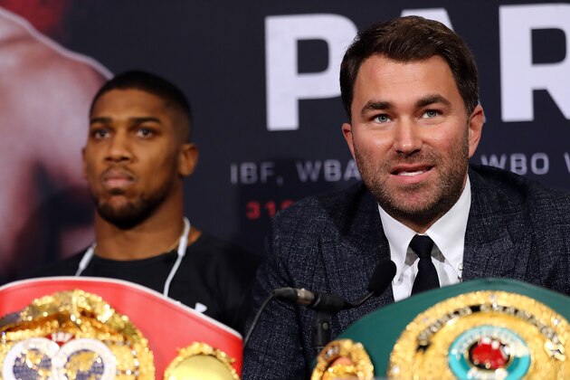 LONDON, ENGLAND - MARCH 27:  Eddie Hearn (r) and Anthony Joshua attend an Anthony Joshua and Joseph Parker press conference at SKY Studios on March 27, 2018 in London, England.  (Photo by Bryn Lennon/Getty Images)