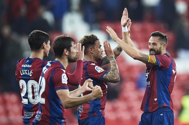 BILBAO, SPAIN - APRIL 23:  Roger Marti of Levante UD, Sasa Lukic of Levante UD and Jose Luis Morales of Levante UD celebrates after wining the match during the La Liga match between Athletic Club and Levante at Estadio San Mames on April 23, 2018 in Bilbao.   (Photo by Juan Manuel Serrano Arce/Getty Images)