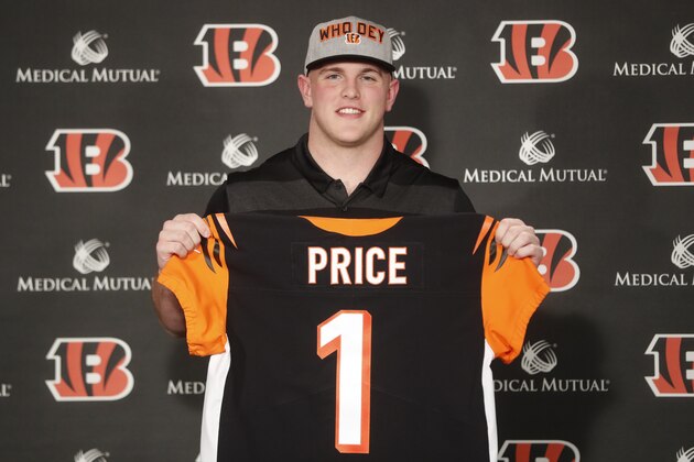 Cincinnati Bengals first-round NFL football draft pick Billy Price holds up his jersey for photographs during a news conference at Paul Brown Stadium, Friday, April 27, 2018, in Cincinnati. (AP Photo/John Minchillo)