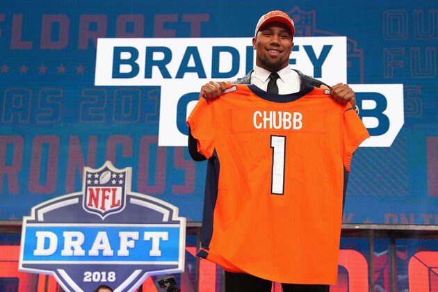 ARLINGTON, TX - APRIL 26:  Bradley Chubb of NC State poses after being picked #5 overall by the Denver Broncos during the first round of the 2018 NFL Draft at AT&T Stadium on April 26, 2018 in Arlington, Texas.  (Photo by Tom Pennington/Getty Images)