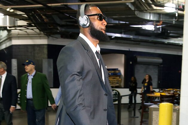 INDIANAPOLIS, IN - APRIL 22:  LeBron James #23 of the Cleveland Cavaliers arrives to the arena prior to Game Four of Round One of the 2018 NBA Playoffs against the Indiana Pacers on April 22, 2018 at Bankers Life Fieldhouse in Indianapolis, Indiana. NOTE TO USER: User expressly acknowledges and agrees that, by downloading and or using this Photograph, user is consenting to the terms and conditions of the Getty Images License Agreement. Mandatory Copyright Notice: Copyright 2018 NBAE (Photo by Nathaniel S. Butler/NBAE via Getty Images)