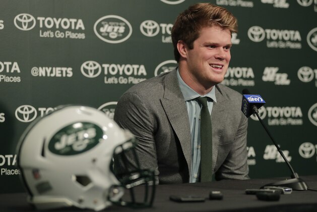 Quarterback Sam Darnold answers questions during a news conference, Friday, April 27, 2018, in Florham Park, N.J. Darnold was selected No. 3 overall by the New York Jets in the NFL football draft. (AP Photo/Julie Jacobson)