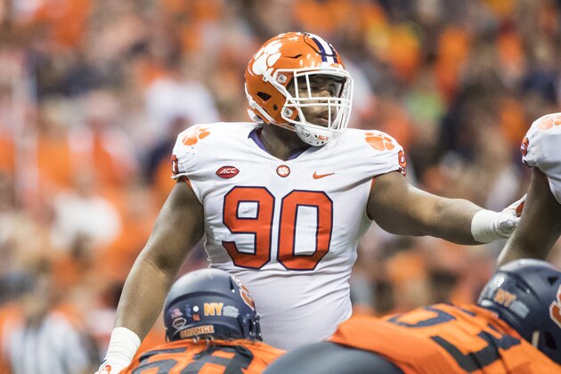 SYRACUSE, NY - OCTOBER 13:  Dexter Lawrence #90 of the Clemson Tigers comes set before a snap during the game against the Syracuse Orange at the Carrier Dome on October 13, 2017 in Syracuse, New York. Syracuse defeats Clemson 27-24.  (Photo by Brett Carlsen/Getty Images)