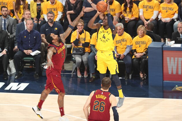 CLEVELAND, OH - APRIL 27:  Victor Oladipo #4 of the Indiana Pacers shoots the ball against the Cleveland Cavaliers in Game Six of Round One of the 2018 NBA Playoffs on April 27, 2018 at Bankers Life Fieldhouse in Indianapolis, Indiana. NOTE TO USER: User expressly acknowledges and agrees that, by downloading and or using this photograph, user is consenting to the terms and conditions of Getty Images License Agreement. Mandatory Copyright Notice: Copyright 2018 NBAE (Photo by Nathaniel S. Butler/NBAE via Getty Images)