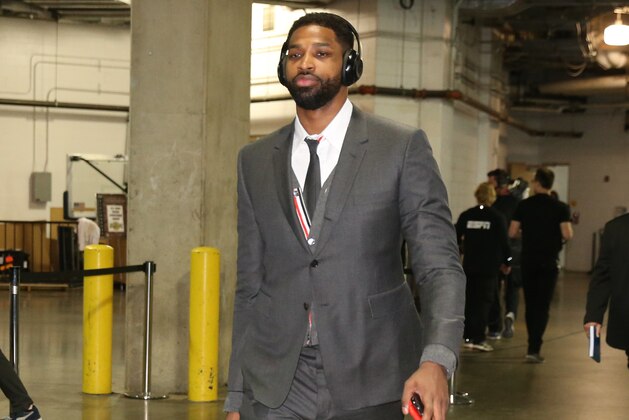 CLEVELAND, OH - APRIL 27:   Tristan Thompson #13 of the Cleveland Cavaliers arrives before the game against the Indiana Pacers in Game Six of Round One of the 2018 NBA Playoffs on April 27, 2018 at Bankers Life Fieldhouse in Indianapolis, Indiana. NOTE TO USER: User expressly acknowledges and agrees that, by downloading and or using this photograph, user is consenting to the terms and conditions of Getty Images License Agreement. Mandatory Copyright Notice: Copyright 2018 NBAE (Photo by Nathaniel S. Butler/NBAE via Getty Images)