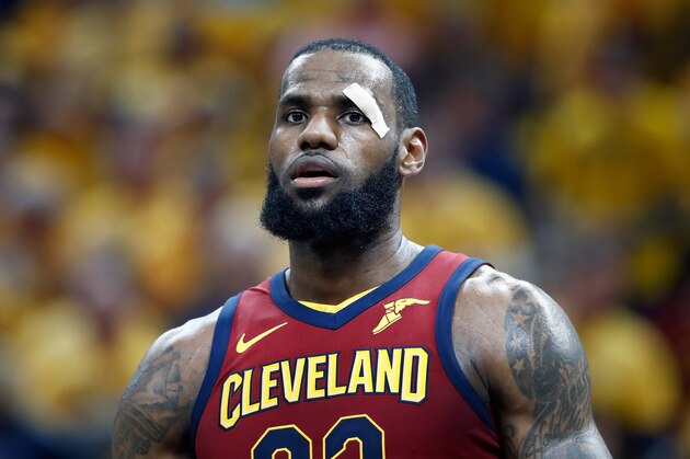 INDIANAPOLIS, IN - APRIL 27:  LeBron James #23 of the Cleveland Cavaliers watches the action against the Indiana Pacers in Game Six of the Eastern Conference Quarterfinals during the 2018 NBA Playoffs  at Bankers Life Fieldhouse on April 27, 2018 in Indianapolis, Indiana.  NOTE TO USER: User expressly acknowledges and agrees that, by downloading and or using this photograph, User is consenting to the terms and conditions of the Getty Images License Agreement.  (Photo by Andy Lyons/Getty Images)