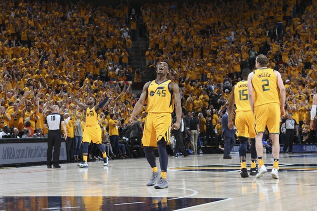 SALT LAKE CITY, UT - APRIL 27: Donovan Mitchell #45 of the Utah Jazz reacts during game against the Oklahoma City Thunder in Game Six of the Western Conference Quarterfinals during the 2018 NBA Playoffs on April 27, 2018 at vivint.SmartHome Arena in Salt Lake City, Utah. NOTE TO USER: User expressly acknowledges and agrees that, by downloading and or using this Photograph, User is consenting to the terms and conditions of the Getty Images License Agreement. Mandatory Copyright Notice: Copyright 2018 NBAE (Photo by Melissa Majchrzak/NBAE via Getty Images)