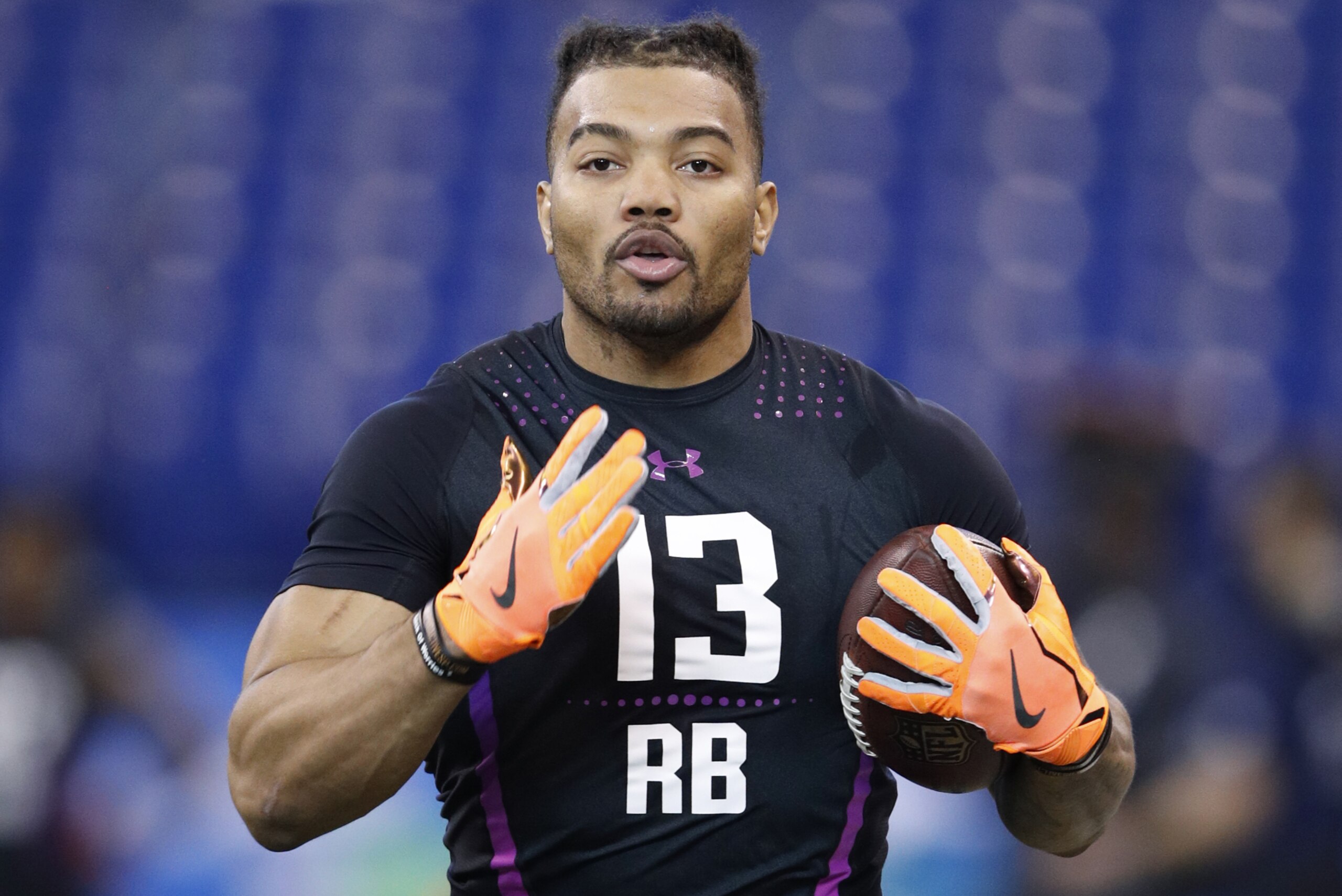 INDIANAPOLIS, IN - MARCH 02: LSU running back Derrius Guice in action during the 2018 NFL Combine at Lucas Oil Stadium on March 2, 2018 in Indianapolis, Indiana. (Photo by Joe Robbins/Getty Images)