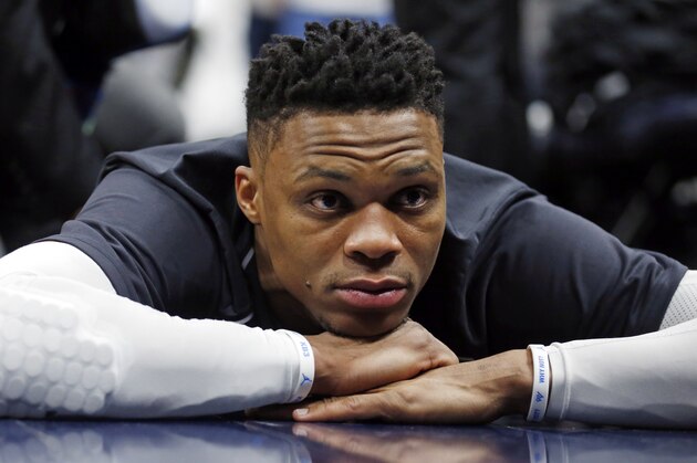 Oklahoma City Thunder guard Russell Westbrook stretches before the start of Game 4 of an NBA basketball first-round playoff series against the Utah Jazz Monday, April 23, 2018, in Salt Lake City. (AP Photo/Rick Bowmer)