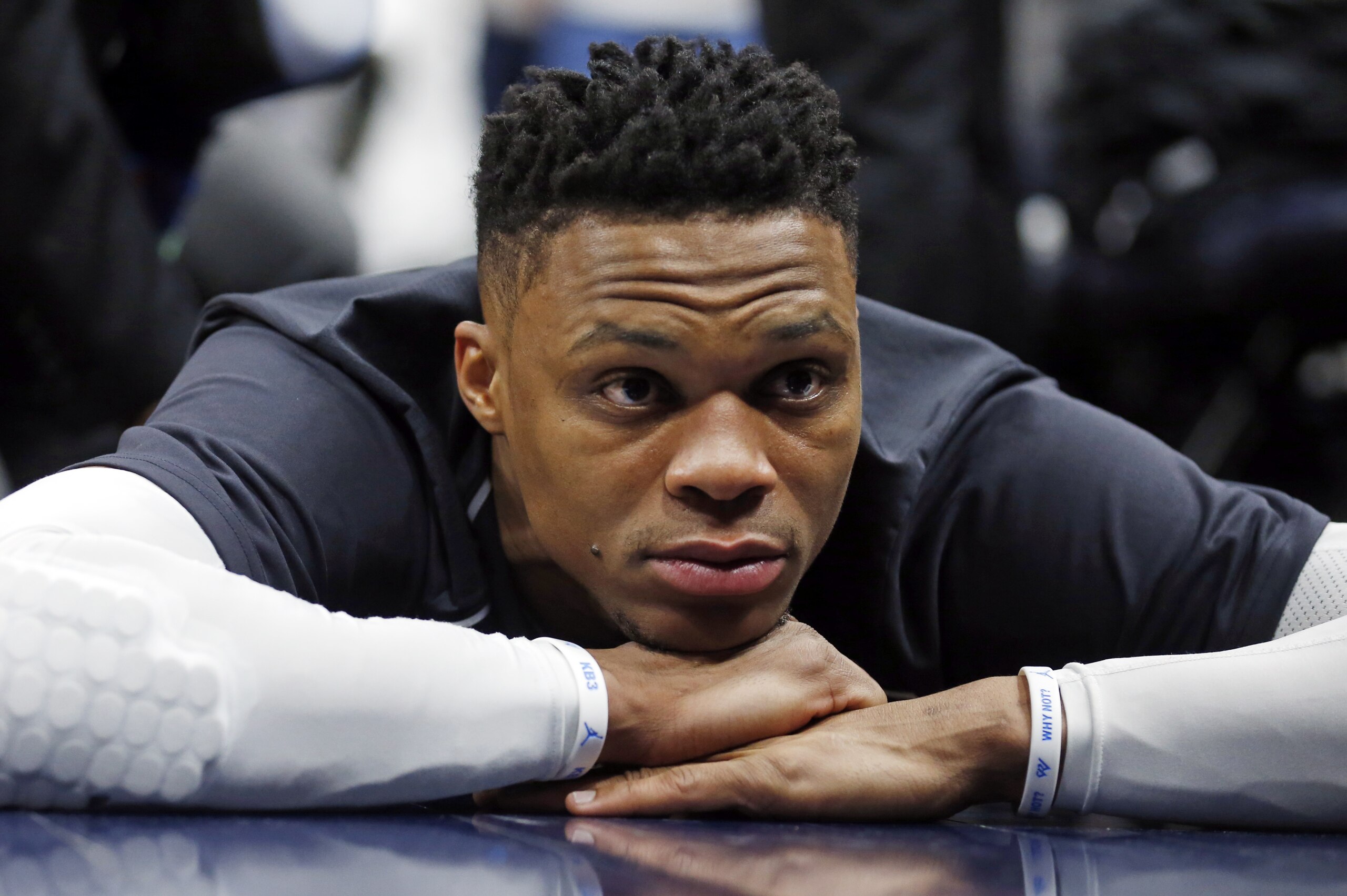 Oklahoma City Thunder guard Russell Westbrook stretches before the start of Game 4 of an NBA basketball first-round playoff series against the Utah Jazz Monday, April 23, 2018, in Salt Lake City. (AP Photo/Rick Bowmer) Oklahoma City Thunder guard Russell Westbrook stretches before the start of Game 4 of an NBA basketball first-round playoff series against the Utah Jazz Monday, April 23, 2018, in Salt Lake City. (AP Photo/Rick Bowmer)