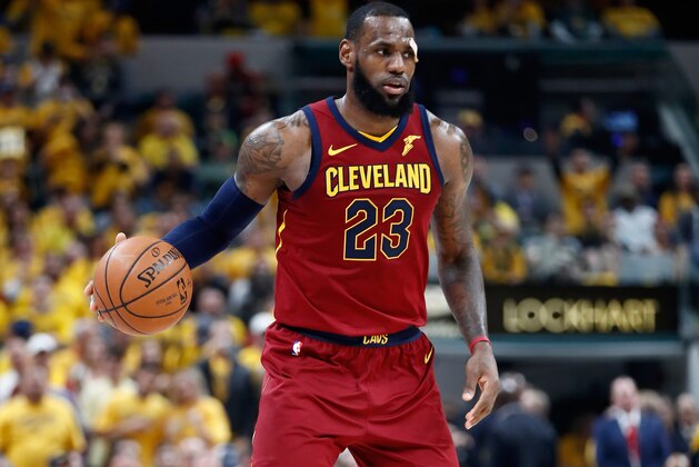 INDIANAPOLIS, IN - APRIL 27:  LeBron James #23 of the Cleveland Cavaliers dribbles the ball against the Indiana Pacers in Game Six of the Eastern Conference Quarterfinals during the 2018 NBA Playoffs  at Bankers Life Fieldhouse on April 27, 2018 in Indianapolis, Indiana.  NOTE TO USER: User expressly acknowledges and agrees that, by downloading and or using this photograph, User is consenting to the terms and conditions of the Getty Images License Agreement.  (Photo by Andy Lyons/Getty Images)