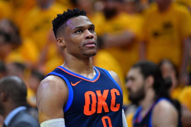 SALT LAKE CITY, UT - APRIL 27: Russell Westbrook #0 of the Oklahoma City Thunder looks on during Game Six of Round One of the 2018 NBA Playoffs against the Utah Jazz at Vivint Smart Home Arena on April 27, 2018 in Salt Lake City, Utah.  NOTE TO USER: User expressly acknowledges and agrees that, by downloading and or using this photograph, User is consenting to the terms and conditions of the Getty Images License Agreement. (Photo by Gene Sweeney Jr./Getty Images)